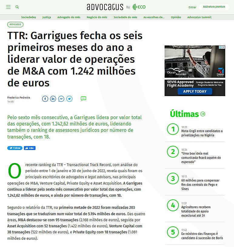 TTR: Garrigues fecha os seis primeiros meses do ano a liderar valor de operaes de M&A com 1.242 milhes de euros